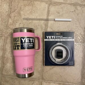 Pink yeti 25oz rambler, MagSlider lid, and straw